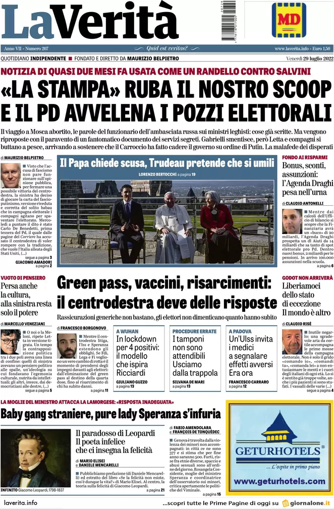 Prime pagine giornali 29 luglio 2022. Tra ombre russe, servizi e sospetti Prime pagine giornali 29 luglio 2022. Tra ombre russe, servizi e sospetti