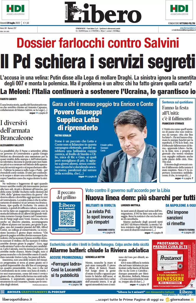 Prime pagine giornali 29 luglio 2022. Tra ombre russe, servizi e sospetti Prime pagine giornali 29 luglio 2022. Tra ombre russe, servizi e sospetti