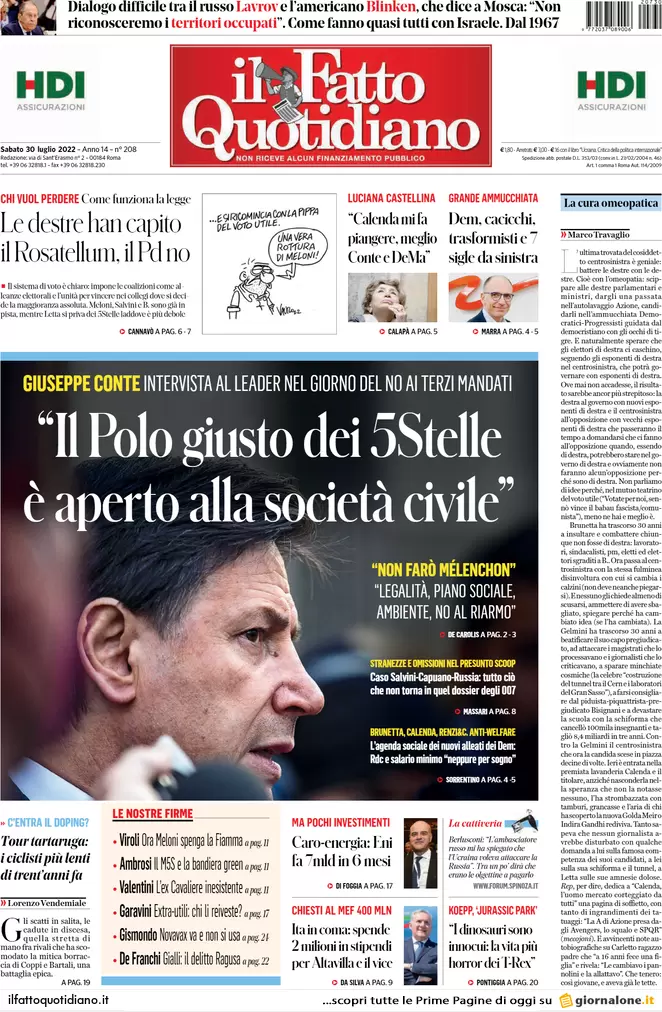 Prime pagine giornali 30 luglio 2022. Grillo licenzia, Calenda svuota Fi e…