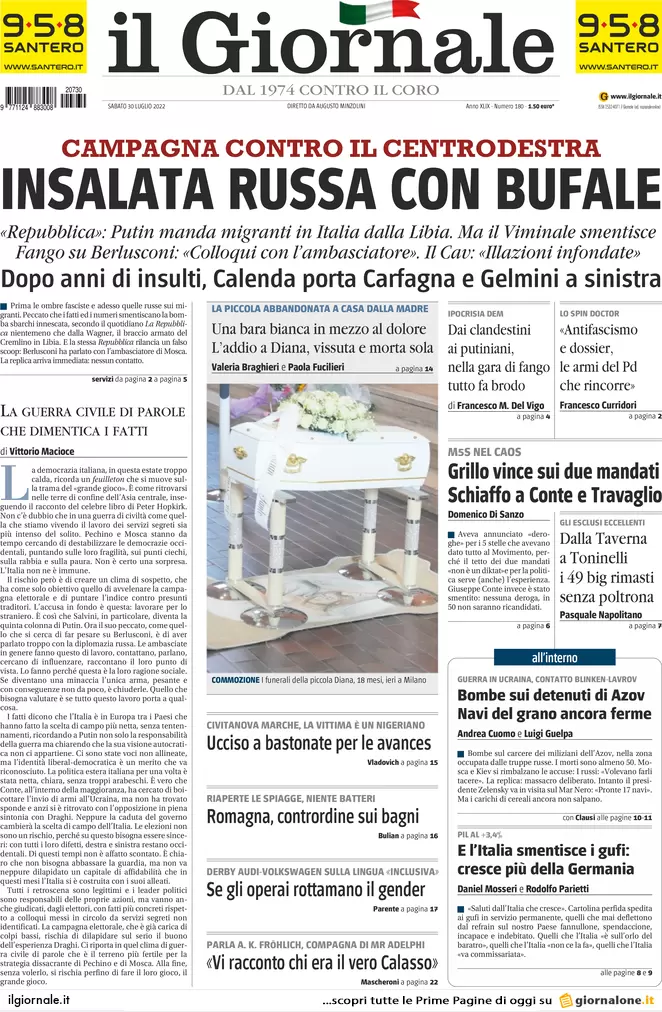 Prime pagine giornali 30 luglio 2022. Grillo licenzia, Calenda svuota Fi e…