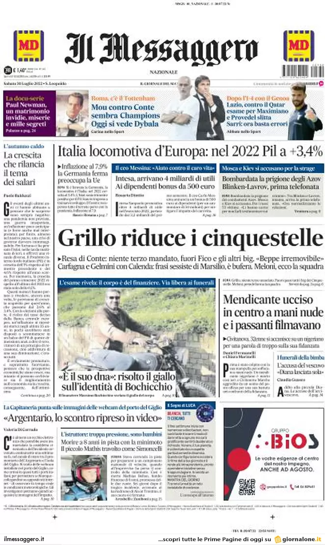 Prime pagine giornali 30 luglio 2022. Grillo licenzia, Calenda svuota Fi e…