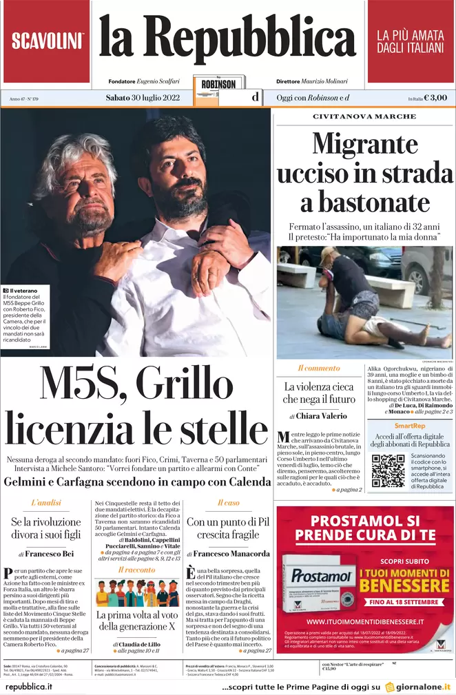 Prime pagine giornali 30 luglio 2022. Grillo licenzia, Calenda svuota Fi e…