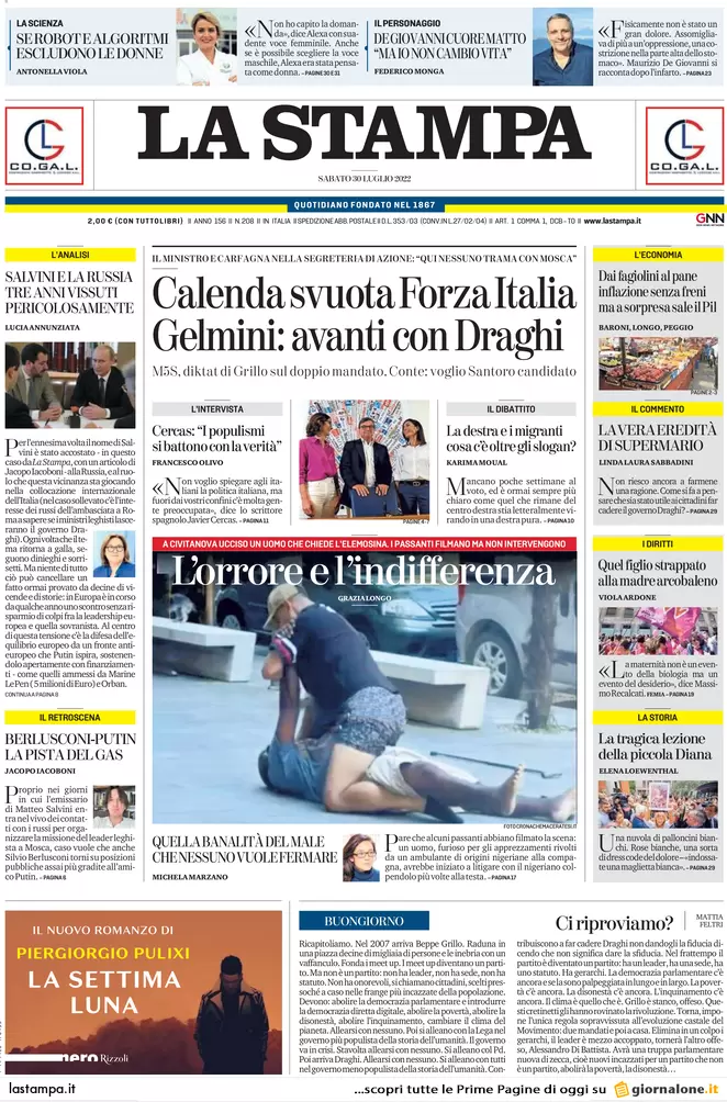Prime pagine giornali 30 luglio 2022. Grillo licenzia, Calenda svuota Fi e…