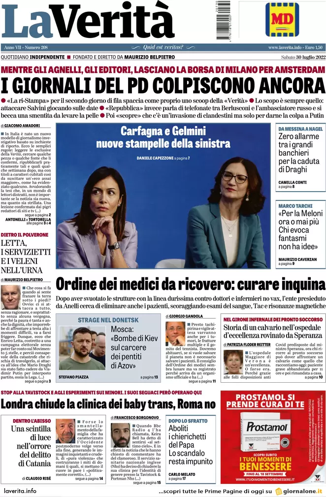 Prime pagine giornali 30 luglio 2022. Grillo licenzia, Calenda svuota Fi e…