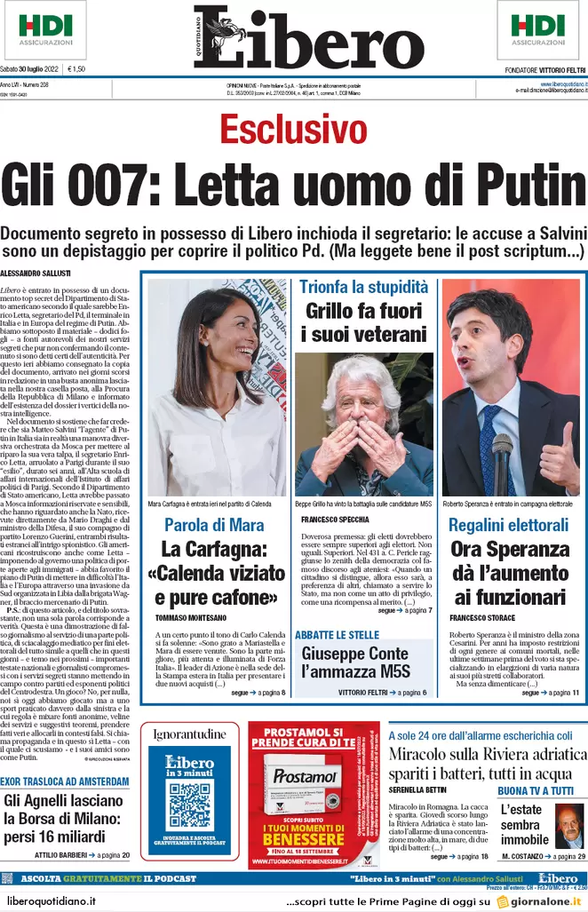 Prime pagine giornali 30 luglio 2022. Grillo licenzia, Calenda svuota Fi e…