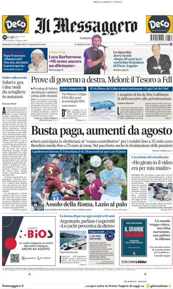 Prime pagine giornali 31 luglio 2022. 50 collegi decisivi e odio nelle Marche