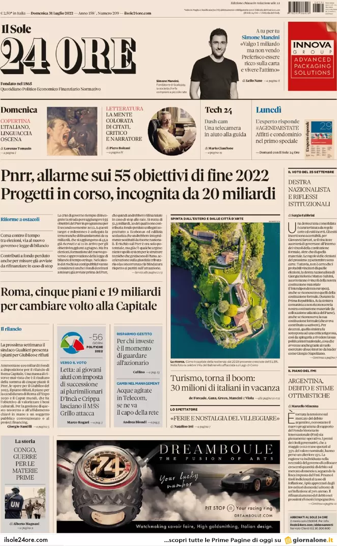 Prime pagine giornali economici 31 luglio. Allarme Pnrr e la causa di Letta Prime pagine giornali economici 31 luglio. Allarme Pnrr e la causa di Letta