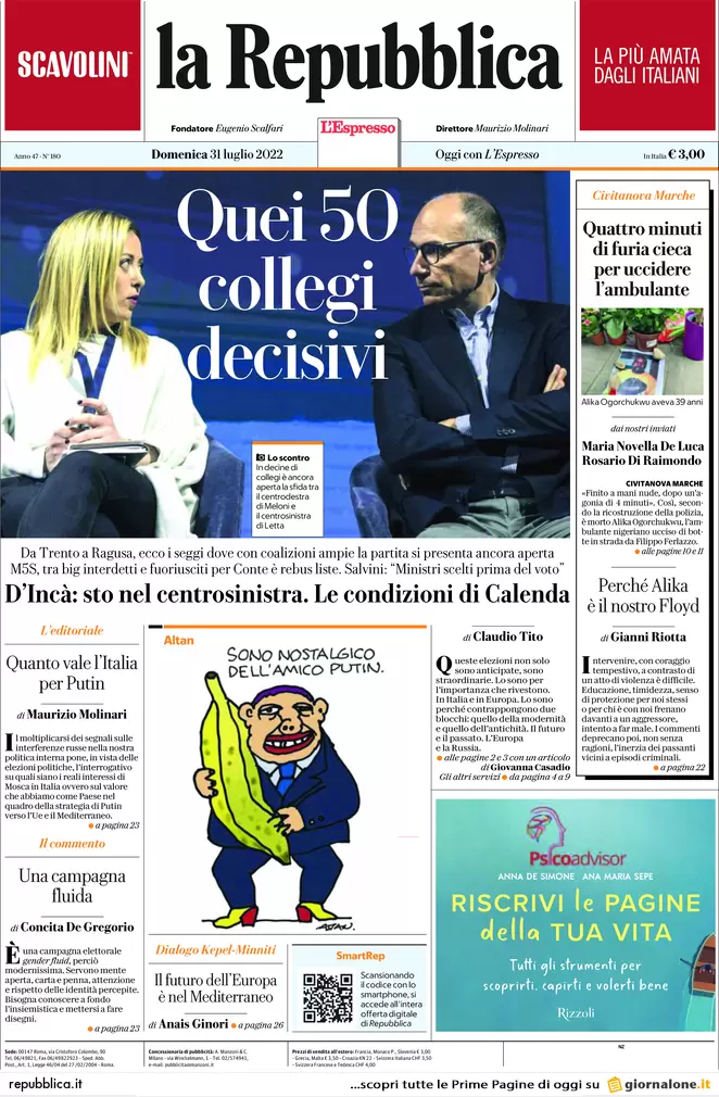 Prime pagine giornali 31 luglio 2022. 50 collegi decisivi e odio nelle Marche