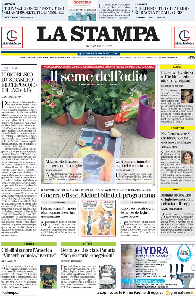 Prime pagine giornali 31 luglio 2022. 50 collegi decisivi e odio nelle Marche