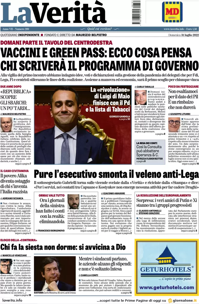 Prime pagine giornali 31 luglio 2022. 50 collegi decisivi e odio nelle Marche