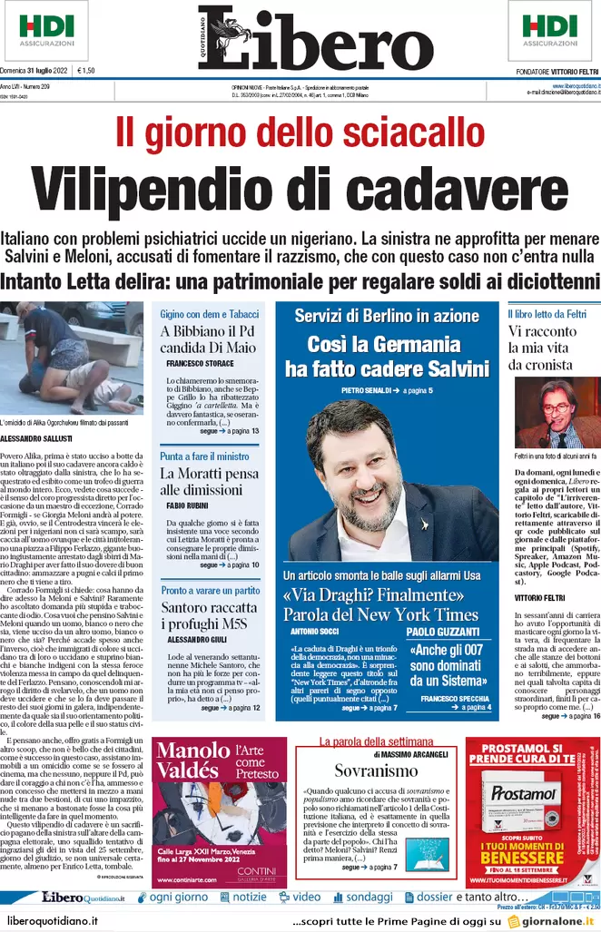 Prime pagine giornali 31 luglio 2022. 50 collegi decisivi e odio nelle Marche