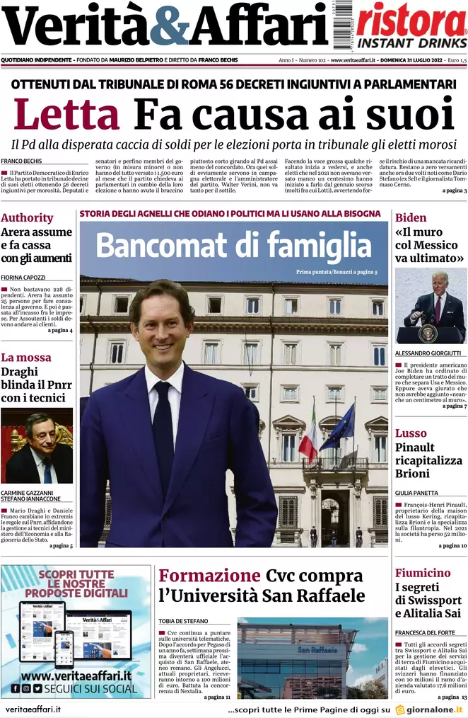 Prime pagine giornali economici 31 luglio. Allarme Pnrr e la causa di Letta Prime pagine giornali economici 31 luglio. Allarme Pnrr e la causa di Letta