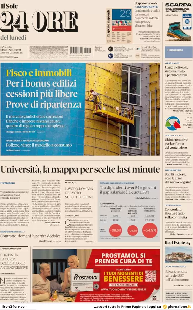 Prime pagine dei giornali 1 agosto 2022. Letta-Calenda, alleanza in bilico