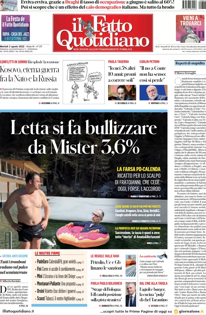 Prime pagine dei giornali 2 agosto 2022. Letta si fa bullizzare da Calenda