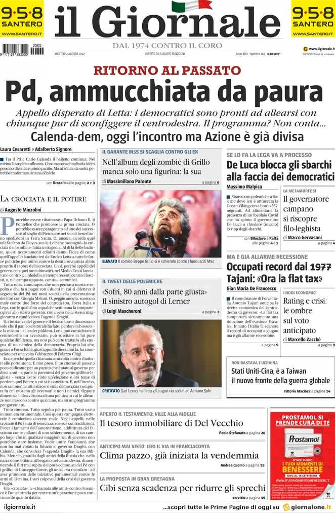 Prime pagine dei giornali 2 agosto 2022. Letta si fa bullizzare da Calenda
