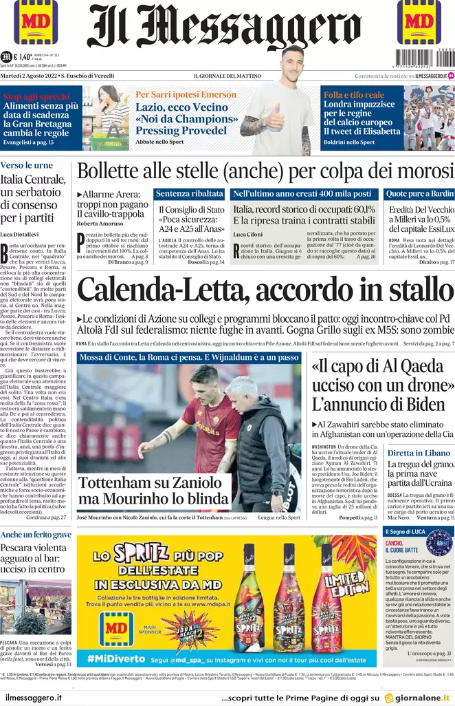 Prime pagine dei giornali 2 agosto 2022. Letta si fa bullizzare da Calenda