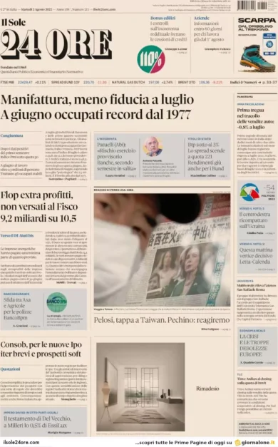 Prime pagine giornali economici 2 agosto. Flop extra profitti, buco da 9 mld