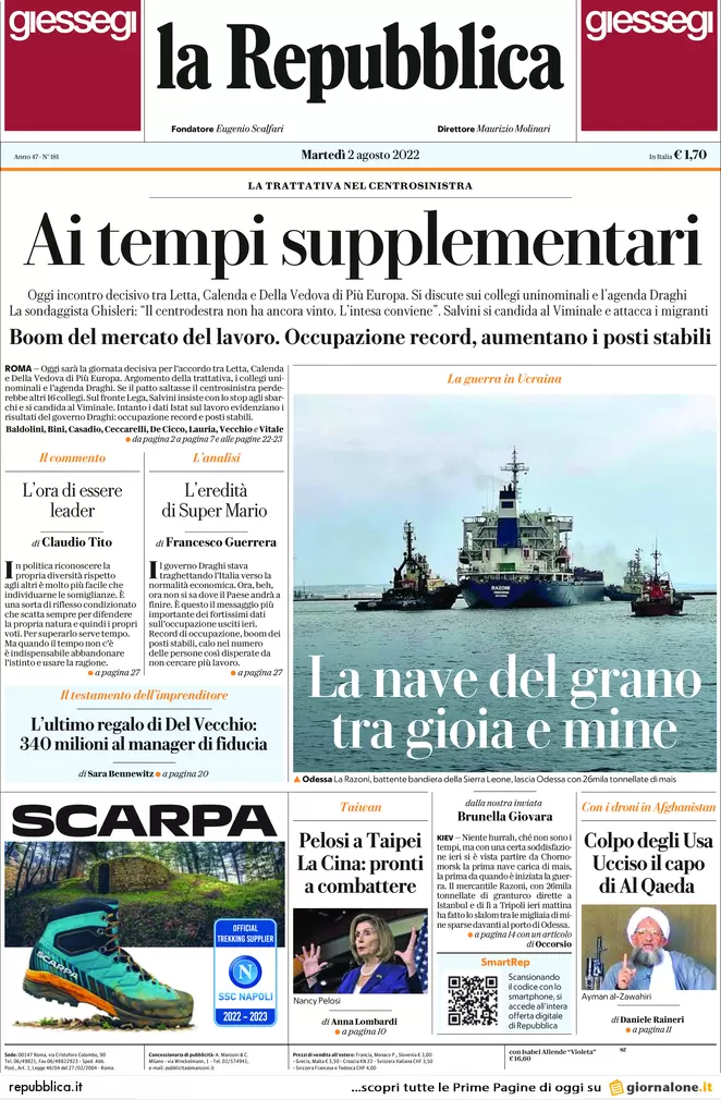 Prime pagine dei giornali 2 agosto 2022. Letta si fa bullizzare da Calenda