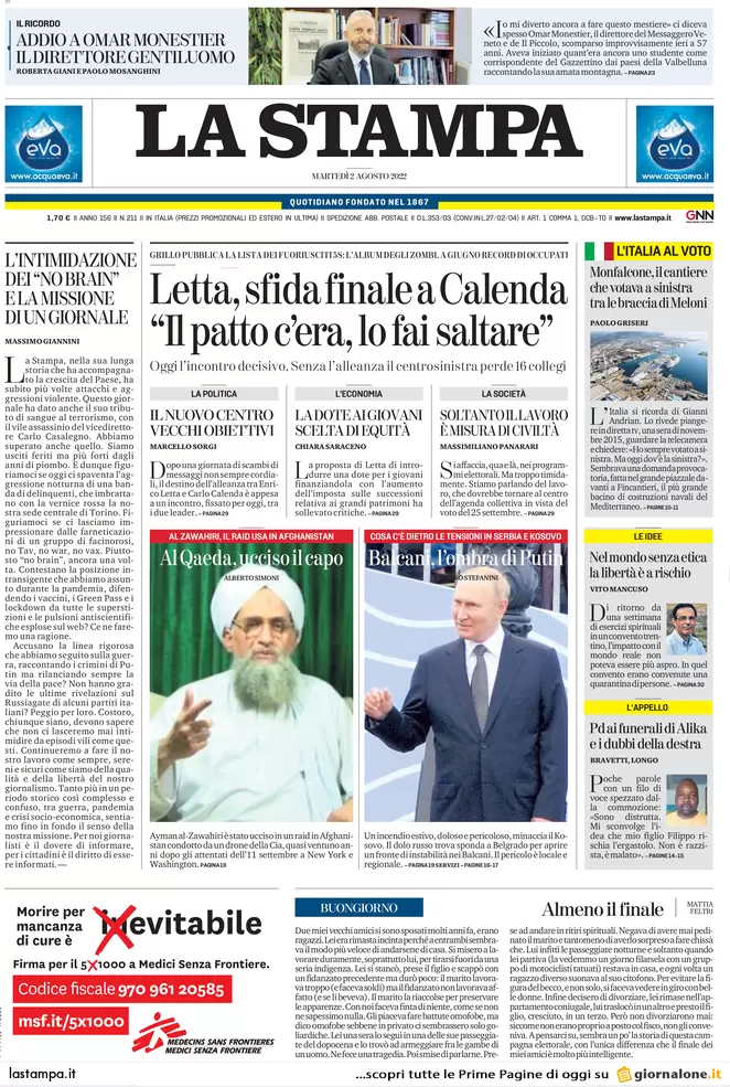 Prime pagine dei giornali 2 agosto 2022. Letta si fa bullizzare da Calenda