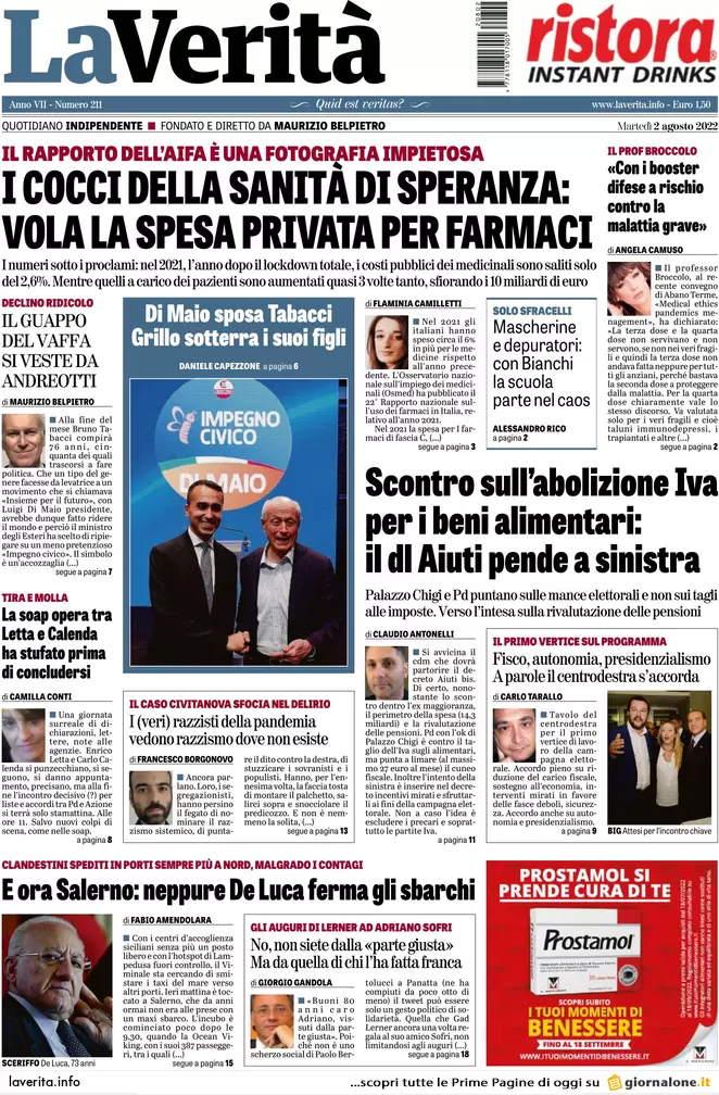 Prime pagine dei giornali 2 agosto 2022. Letta si fa bullizzare da Calenda