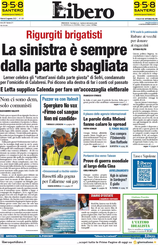 Prime pagine dei giornali 2 agosto 2022. Letta si fa bullizzare da Calenda