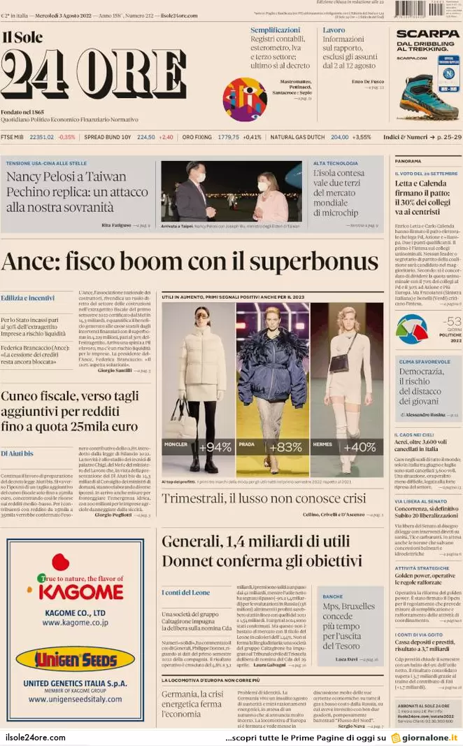 Prime pagine giornali 3 agosto 2022. Letta e Calenda: fuga per la sconfitta