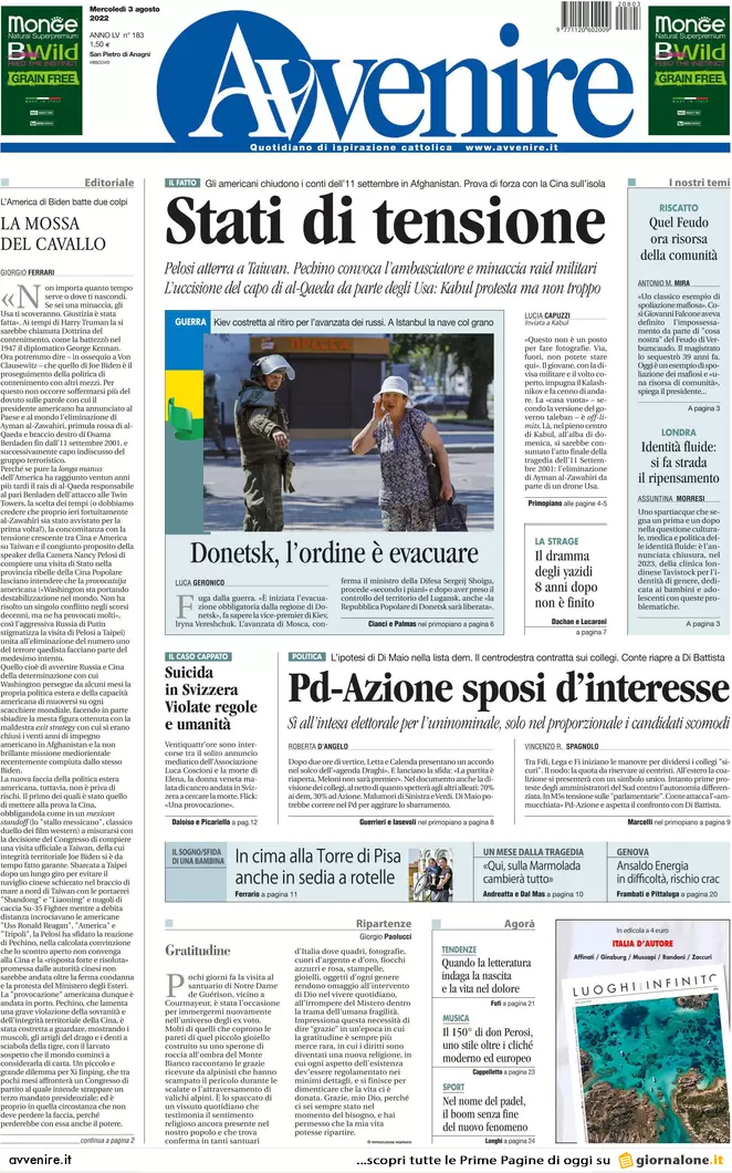 Prime pagine giornali 3 agosto 2022. Letta e Calenda: fuga per la sconfitta