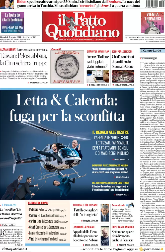 Prime pagine giornali 3 agosto 2022. Letta e Calenda: fuga per la sconfitta