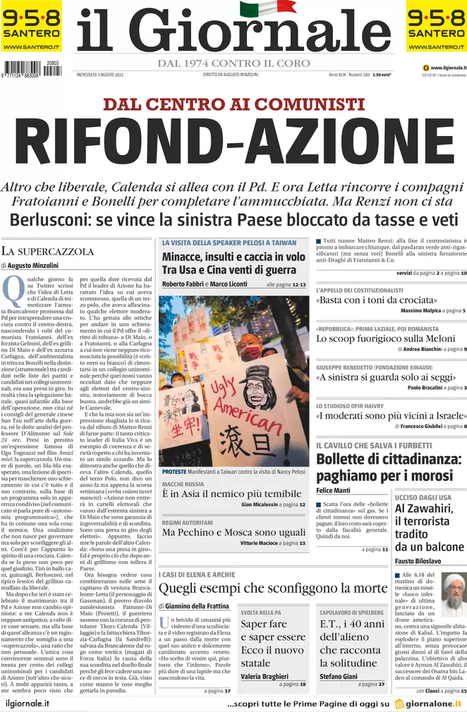 Prime pagine giornali 3 agosto 2022. Letta e Calenda: fuga per la sconfitta