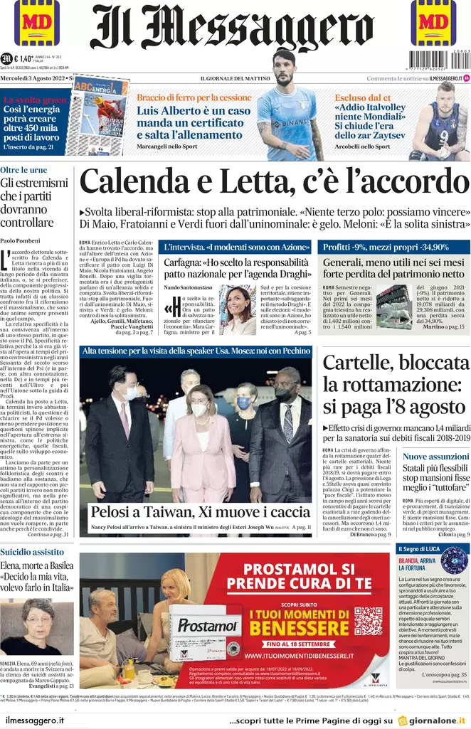 Prime pagine giornali 3 agosto 2022. Letta e Calenda: fuga per la sconfitta