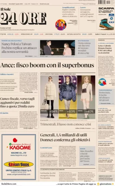 Prime pagine giornali economici 3 agosto. Germania ferma per la crisi del gas