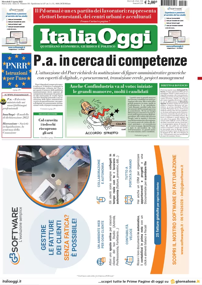 Prime pagine giornali economici 3 agosto. Germania ferma per la crisi del gas