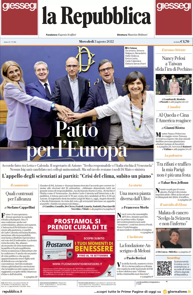 Prime pagine giornali 3 agosto 2022. Letta e Calenda: fuga per la sconfitta