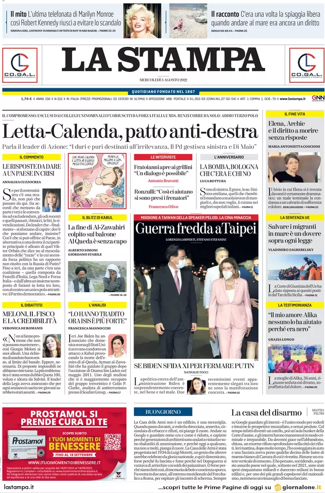Prime pagine giornali 3 agosto 2022. Letta e Calenda: fuga per la sconfitta
