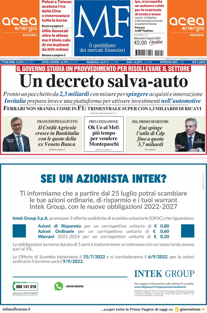 Prime pagine giornali economici 3 agosto. Germania ferma per la crisi del gas