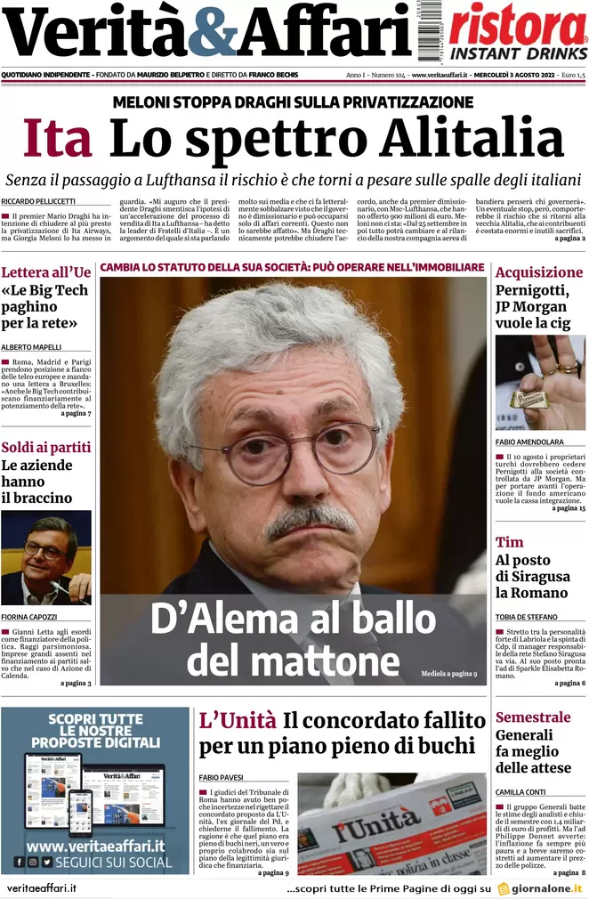 Prime pagine giornali economici 3 agosto. Germania ferma per la crisi del gas