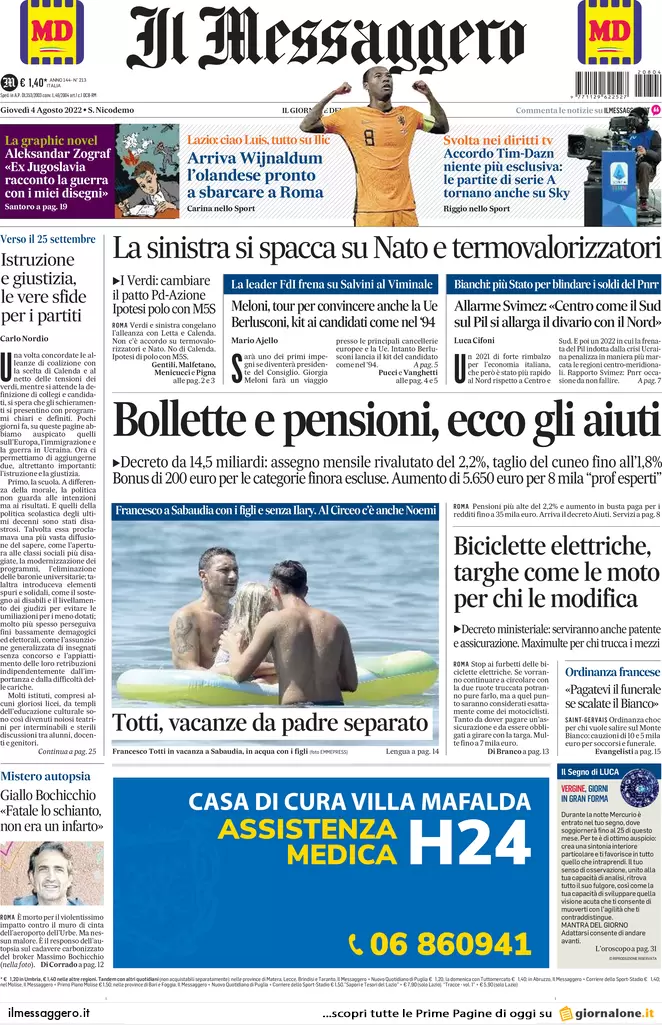 Prime pagine giornali 4 agosto 2022. Pd-Calenda, scoppia il caos a sinistra Prime pagine giornali 4 agosto 2022. Pd-Calenda, scoppia il caos a sinistra