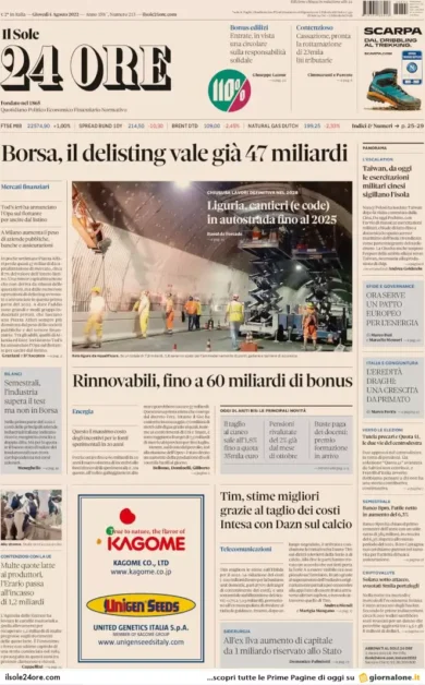 Prime pagine giornali economici 4 agosto. Borsa, il delisting vale già 47 mld