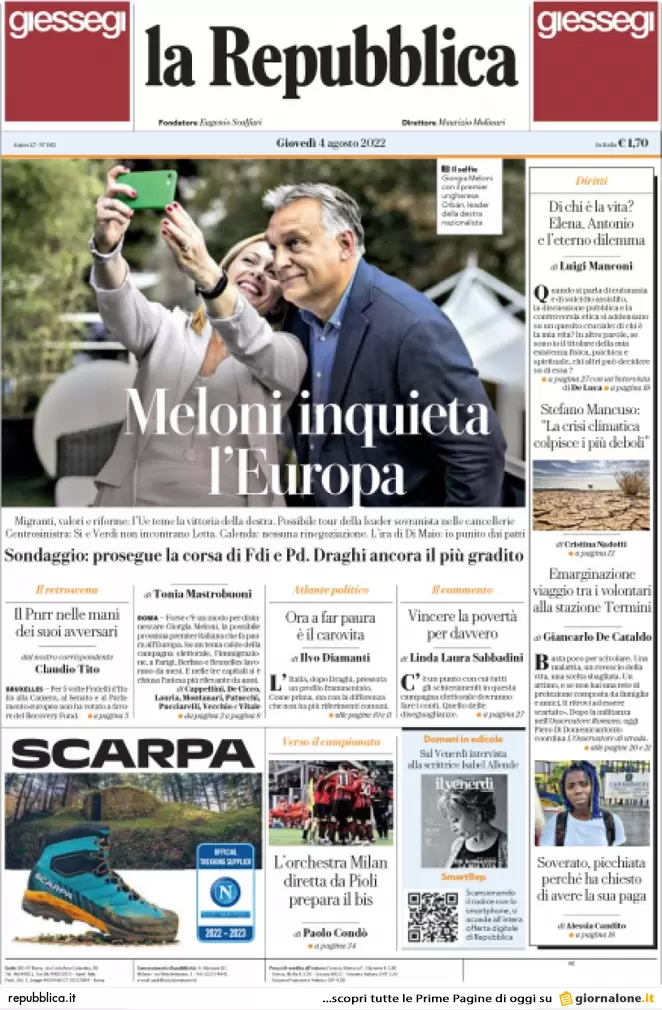 Prime pagine giornali 4 agosto 2022. Pd-Calenda, scoppia il caos a sinistra Prime pagine giornali 4 agosto 2022. Pd-Calenda, scoppia il caos a sinistra