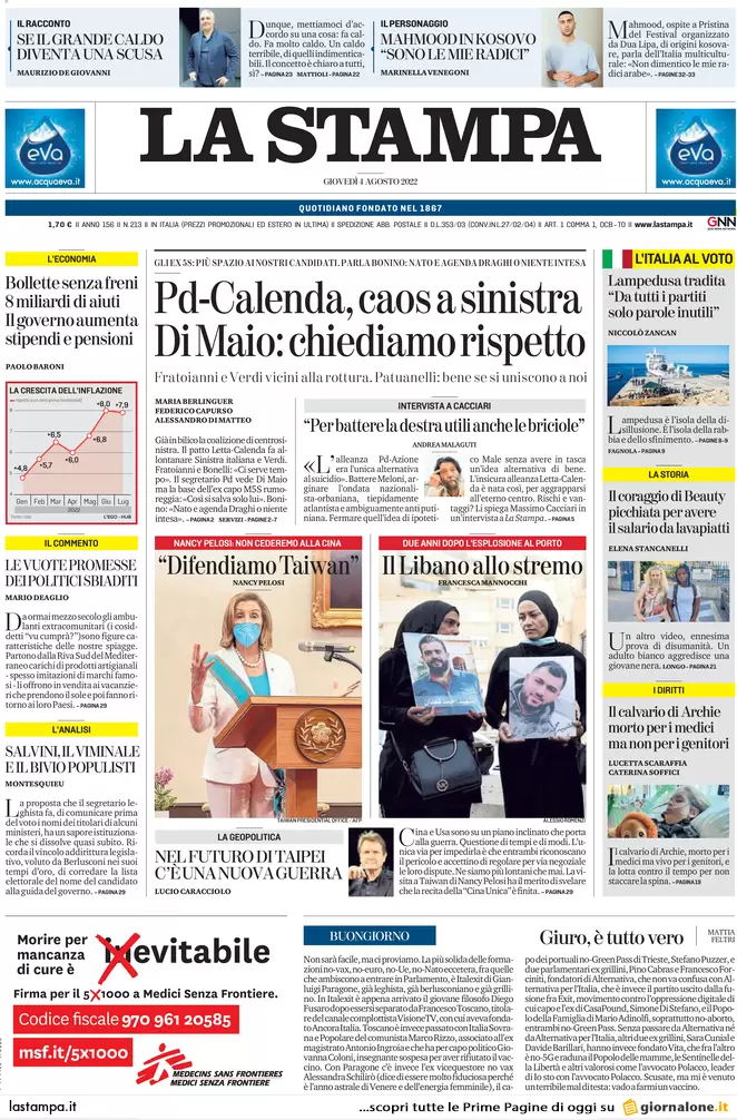 Prime pagine giornali 4 agosto 2022. Pd-Calenda, scoppia il caos a sinistra Prime pagine giornali 4 agosto 2022. Pd-Calenda, scoppia il caos a sinistra