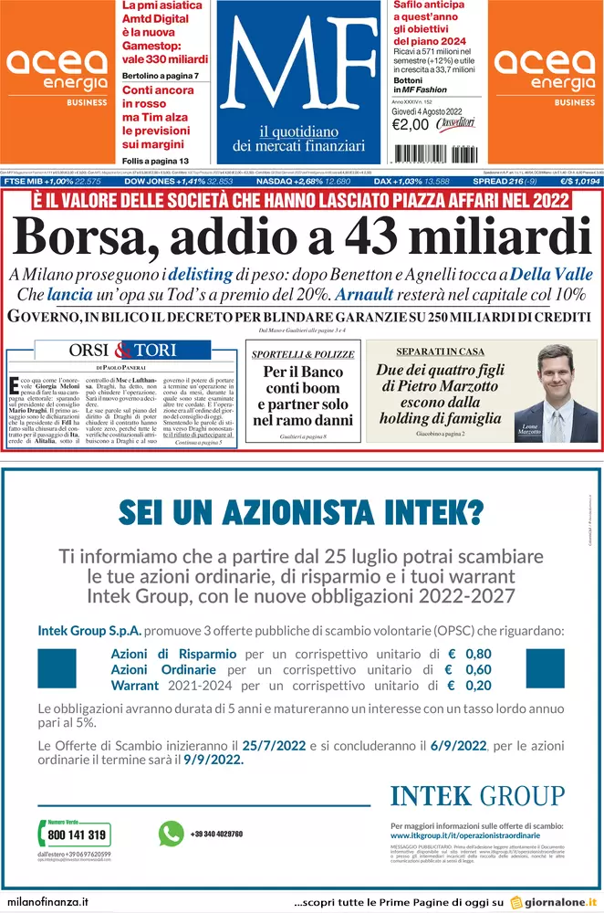 Prime pagine giornali economici 4 agosto. Borsa, il delisting vale già 47 mld Prime pagine giornali economici 4 agosto. Borsa, il delisting vale già 47 mld