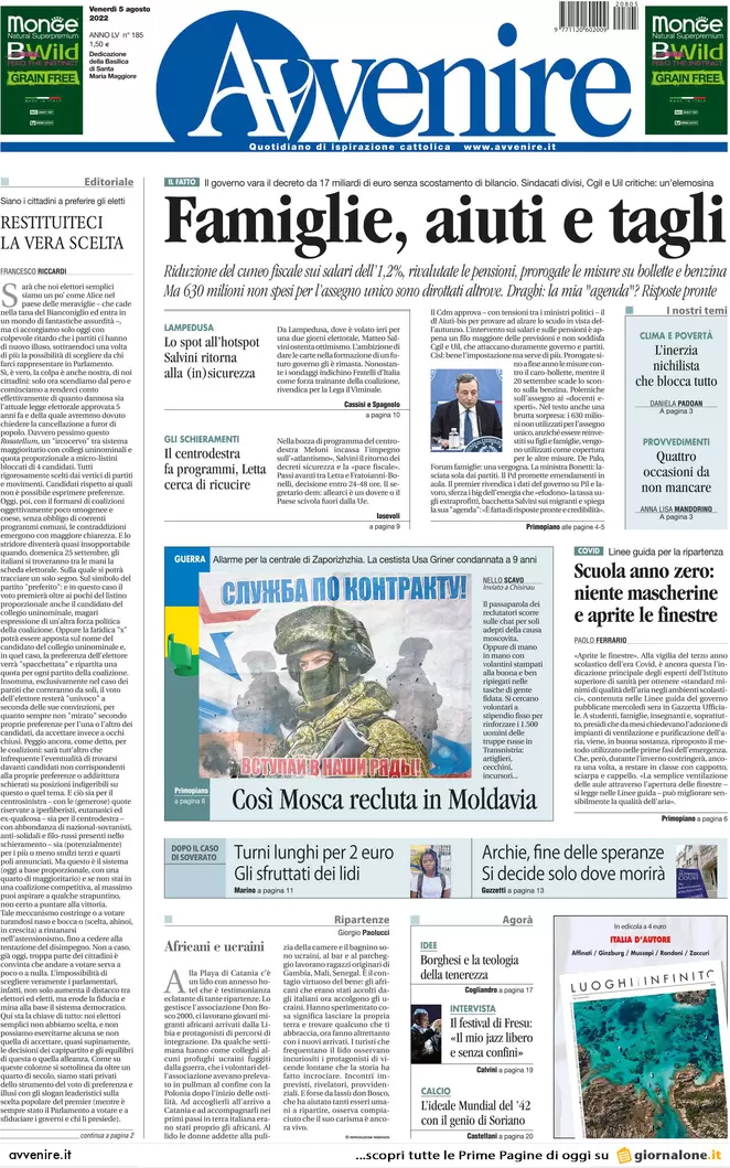 Prime pagine giornali 5 agosto 2022. Gli Aiuti di Draghi: 6 euro lordi al mese