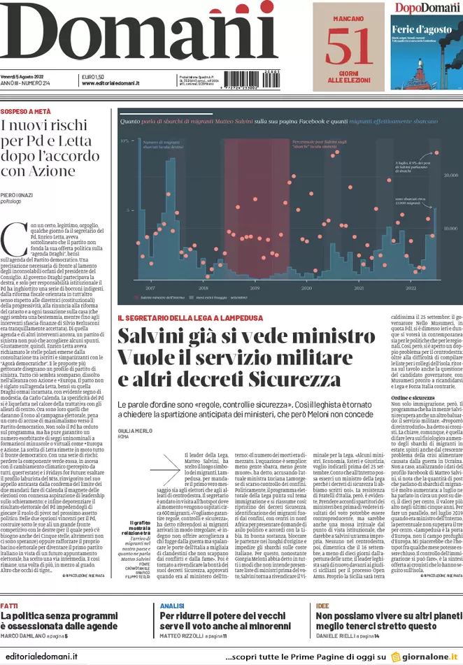 Prime pagine giornali 5 agosto 2022. Gli Aiuti di Draghi: 6 euro lordi al mese