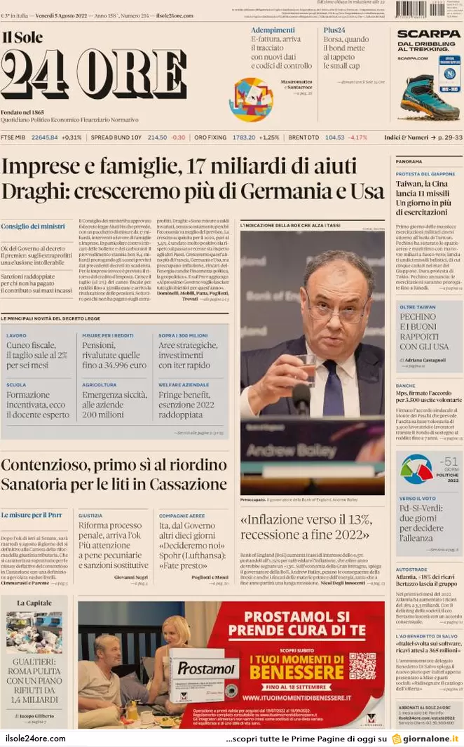 Prime pagine giornali economici 5 agosto. Draghi: “Su Ita decidiamo noi” Prime pagine giornali economici 5 agosto. Draghi: “Su Ita decidiamo noi”