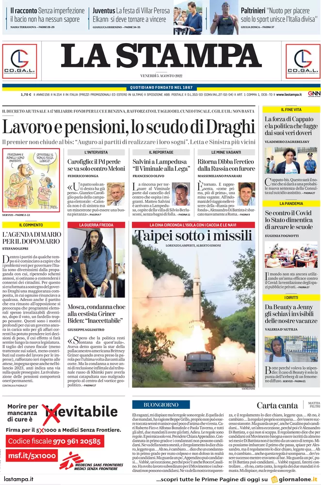Prime pagine giornali 5 agosto 2022. Gli Aiuti di Draghi: 6 euro lordi al mese