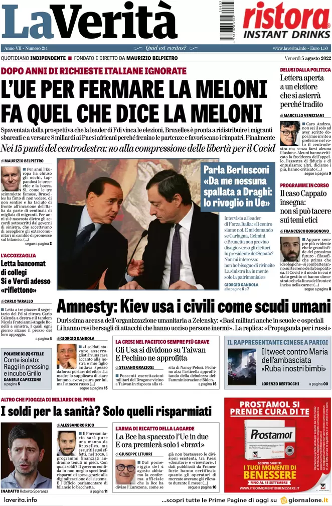 Prime pagine giornali 5 agosto 2022. Gli Aiuti di Draghi: 6 euro lordi al mese