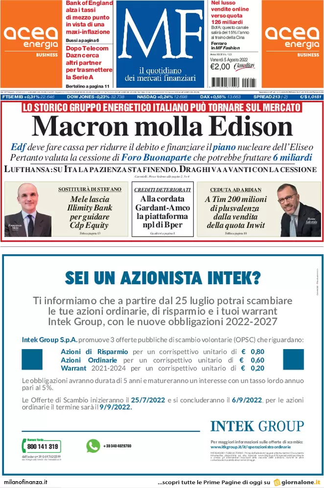 Prime pagine giornali economici 5 agosto. Draghi: “Su Ita decidiamo noi”