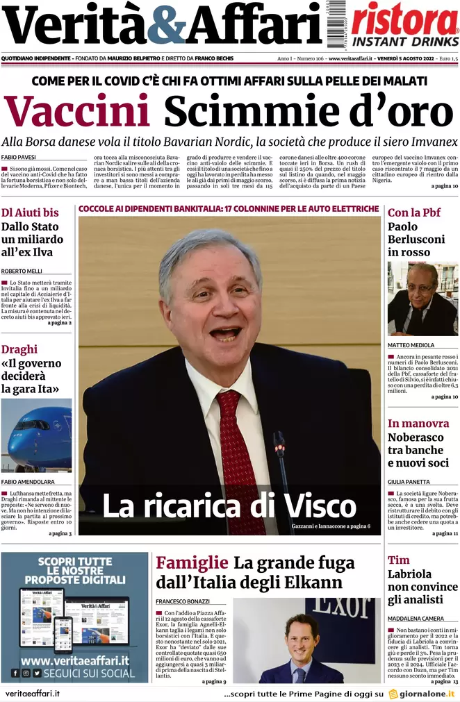 Prime pagine giornali economici 5 agosto. Draghi: “Su Ita decidiamo noi”