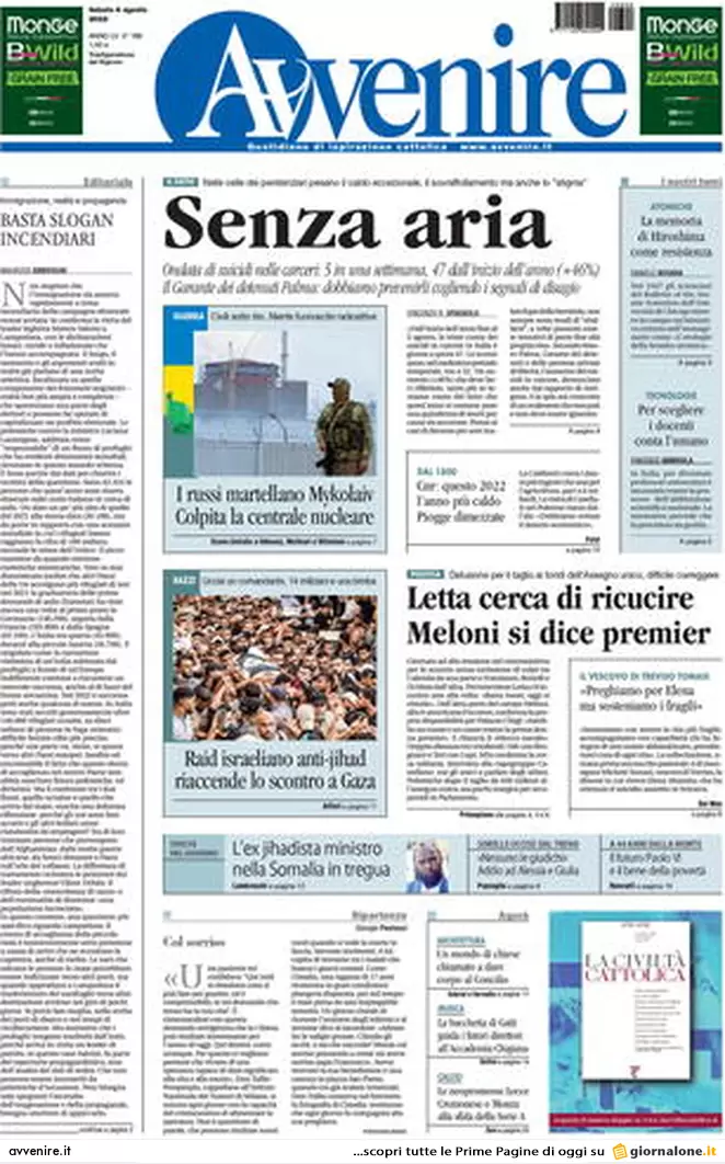 Prime pagine giornali 6 agosto 2022. Pd pesca a Confindustria ma Calenda frena