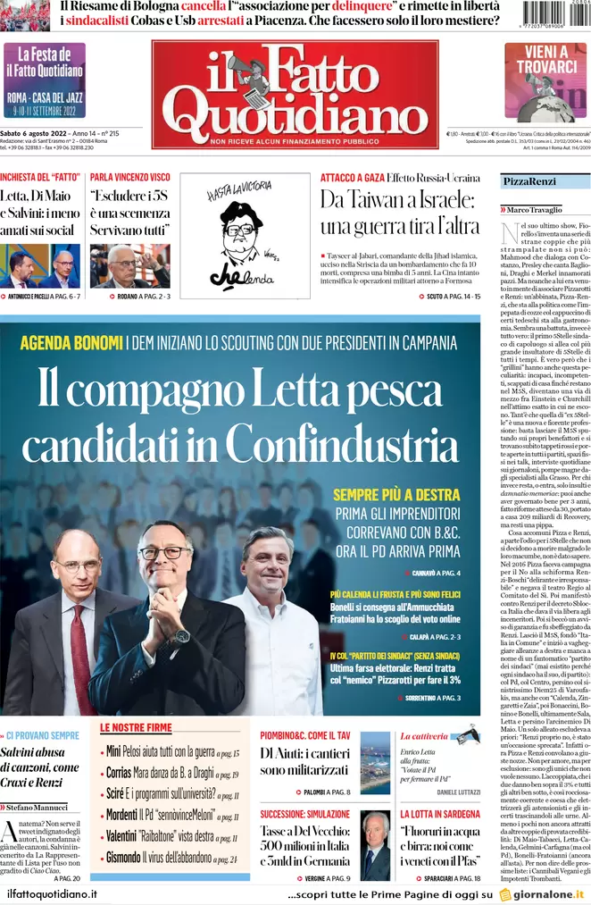 Prime pagine giornali 6 agosto 2022. Pd pesca a Confindustria ma Calenda frena